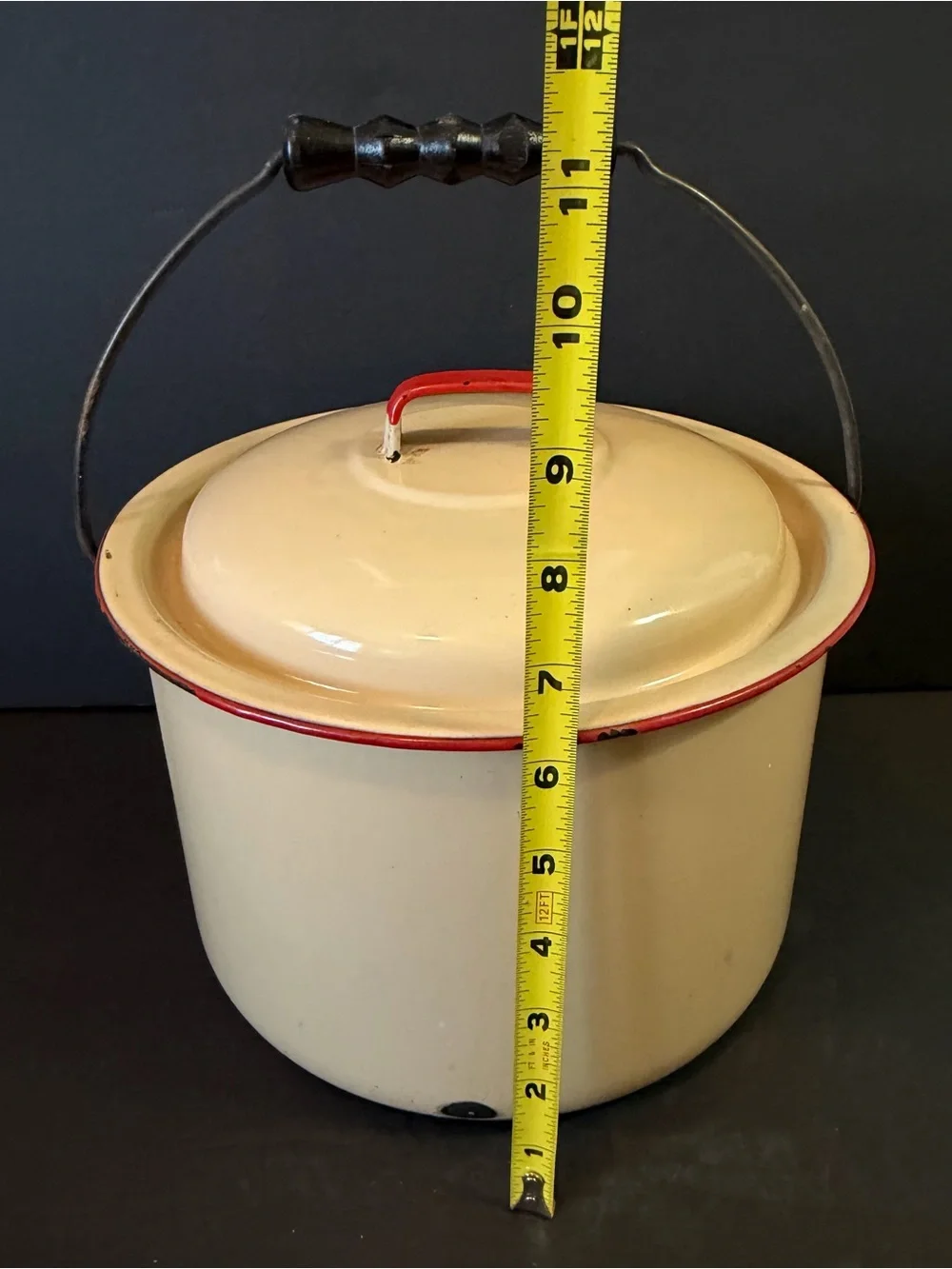 Vintage Tan & Red Trim Porcelain Enamel Cookware Pot Farmhouse Rustic Lid Chippy